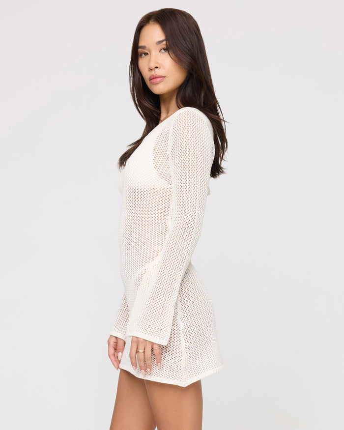 LSPACE Cleo cover-up dress in cream, side view on model.