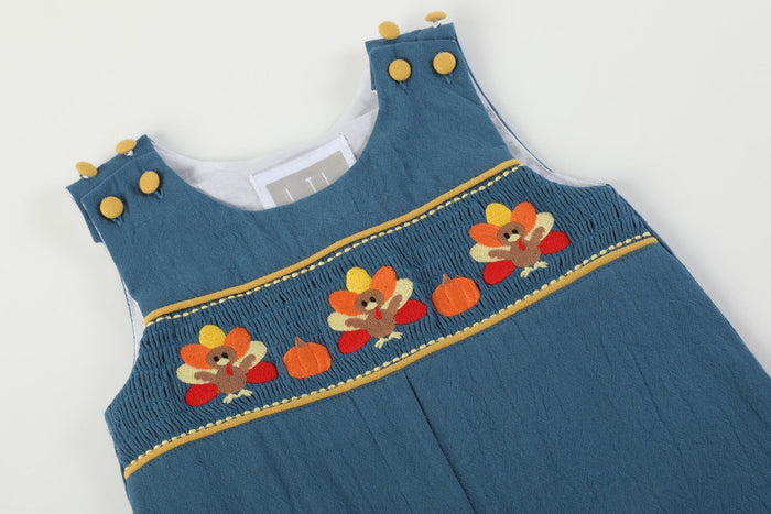 Cobalt Blue Turkey Smocked Overalls - Lil Cactus