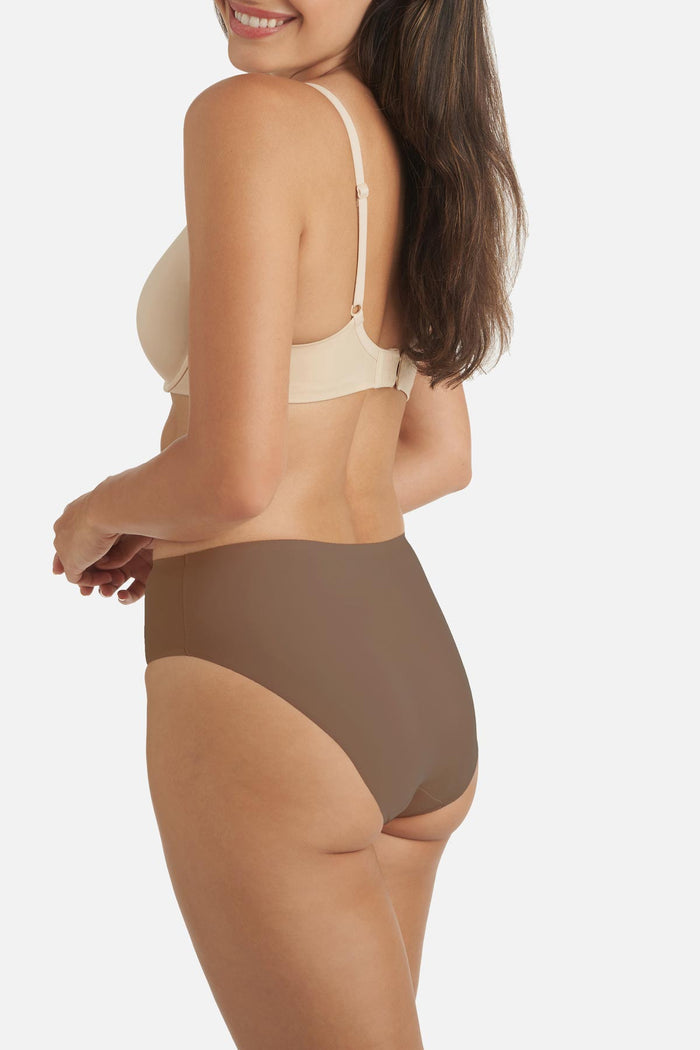 Woman turned left wearing a dark sandy colored shaping panty