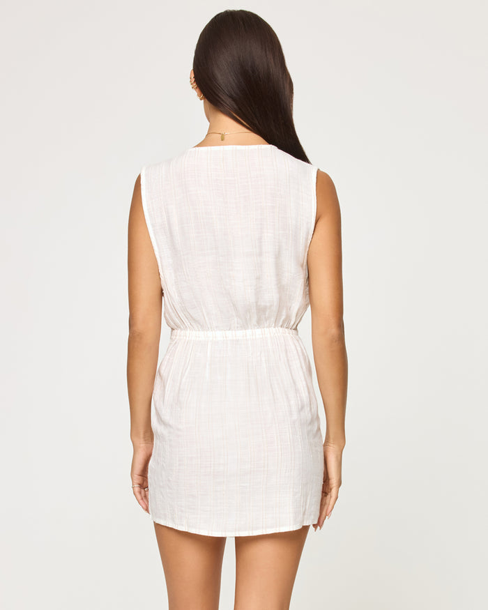 LSPACE Costa Nova cover-up in cream, back view on model.
