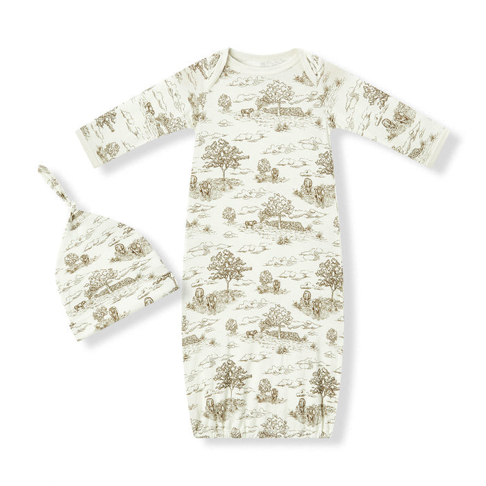 Country Toile Luxe Stretch Newborn Gown & Hat Set - Babies in Bloom