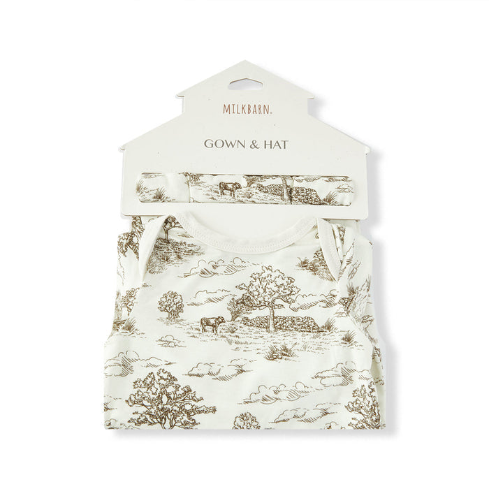 Country Toile Luxe Stretch Newborn Gown & Hat Set - Babies in Bloom