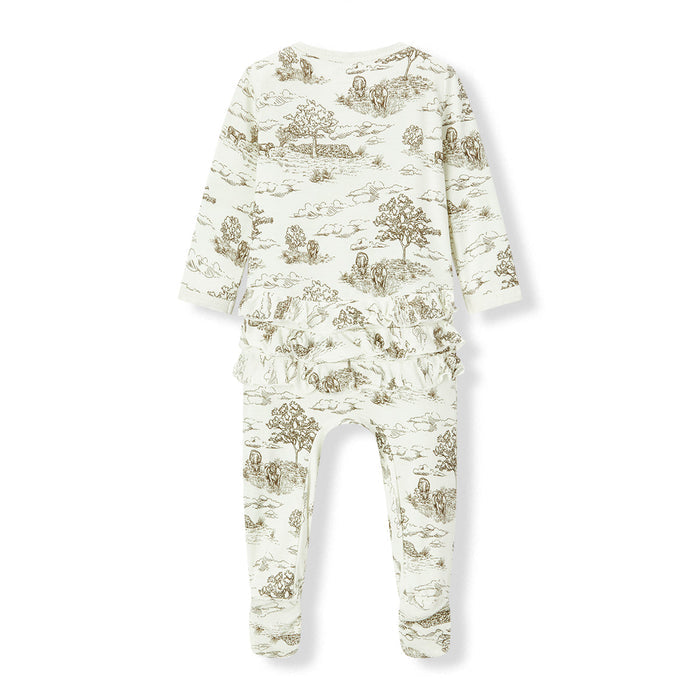 Country Toile Luxe Stretch Ruffle Footed Romper