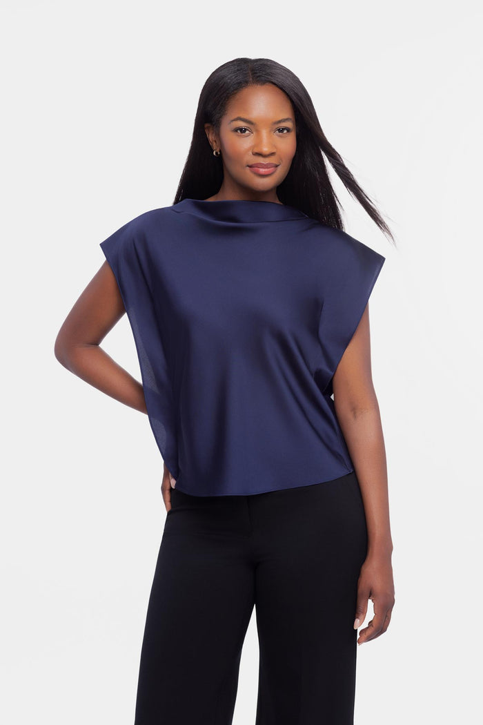 Cowlneck Charmeuse Blouse In Navy