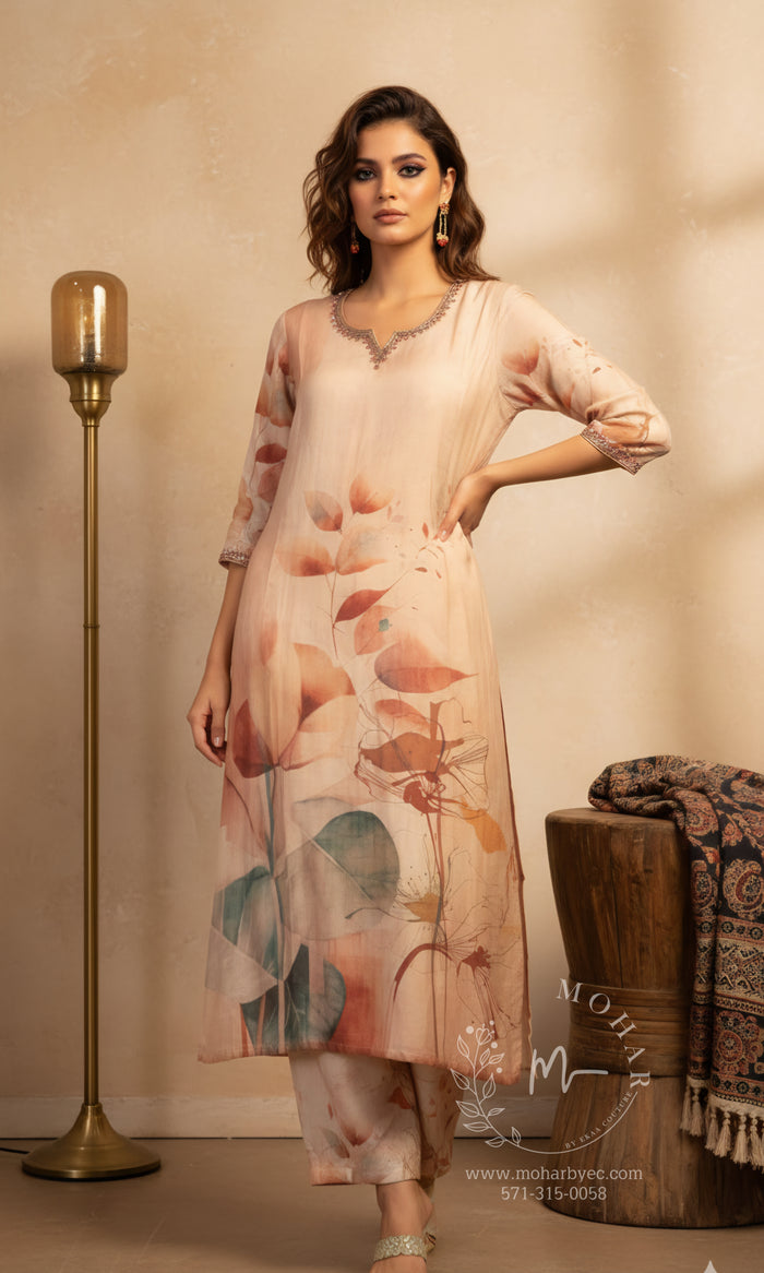 Cream Floral Print Salwar Suit with Organza Dupatta