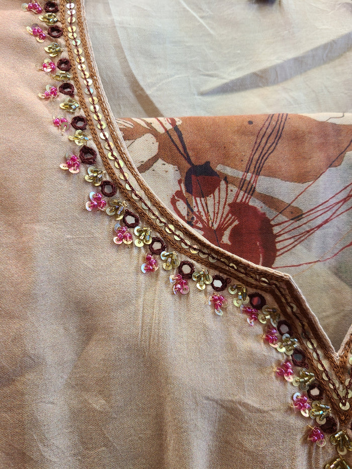 Cream Floral Print Salwar Suit with Organza Dupatta