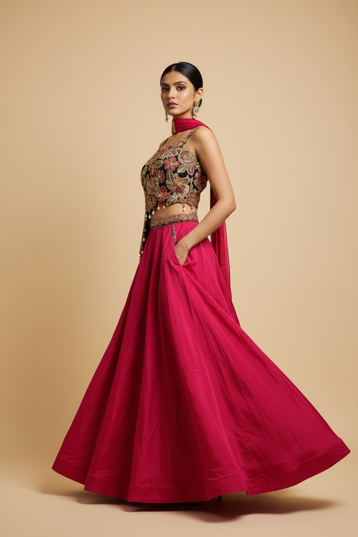Elegant Three-Quarter Pose - Magenta Lehenga