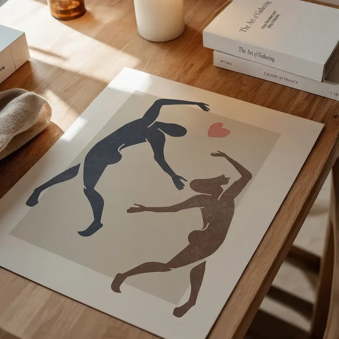 Dancers Watercolour Style Print unframed on a home office desk