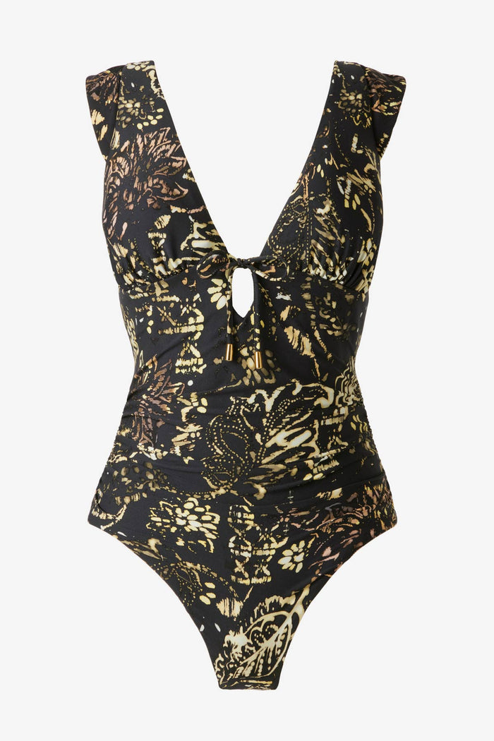Multicolored one-piece swimsuit with a deep V neckline