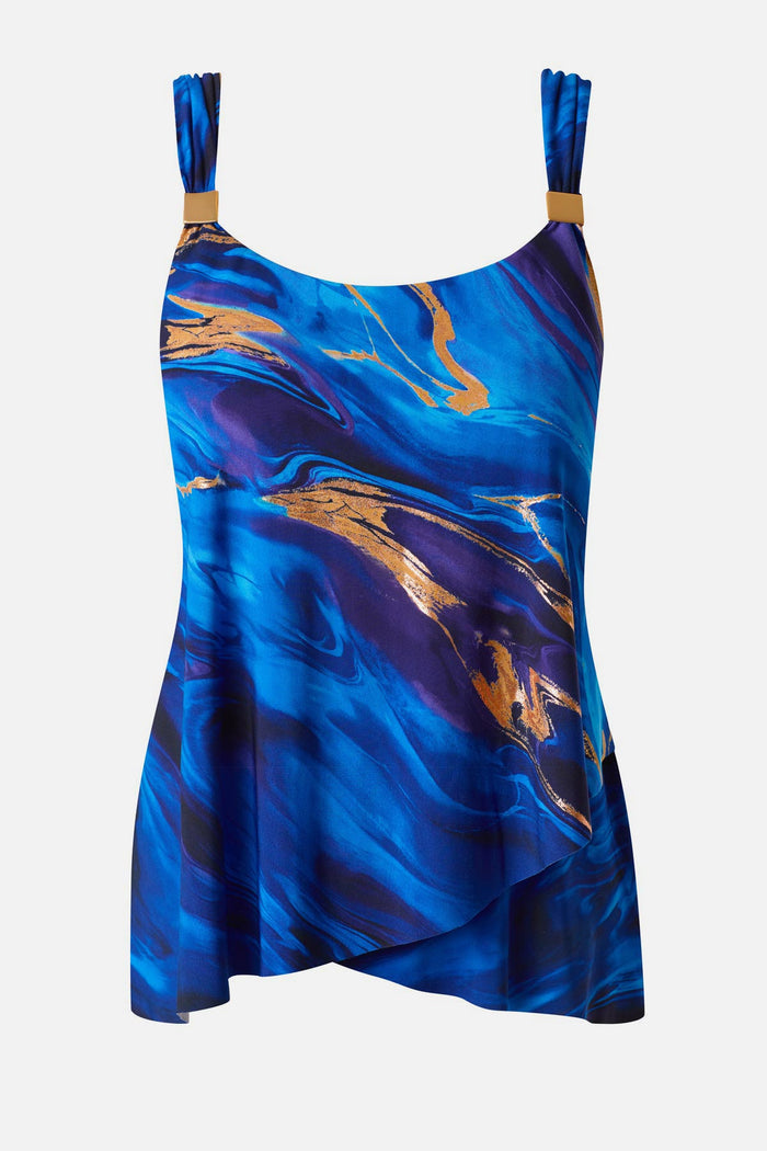 Blue and gold oil slick-esque printed tankini top