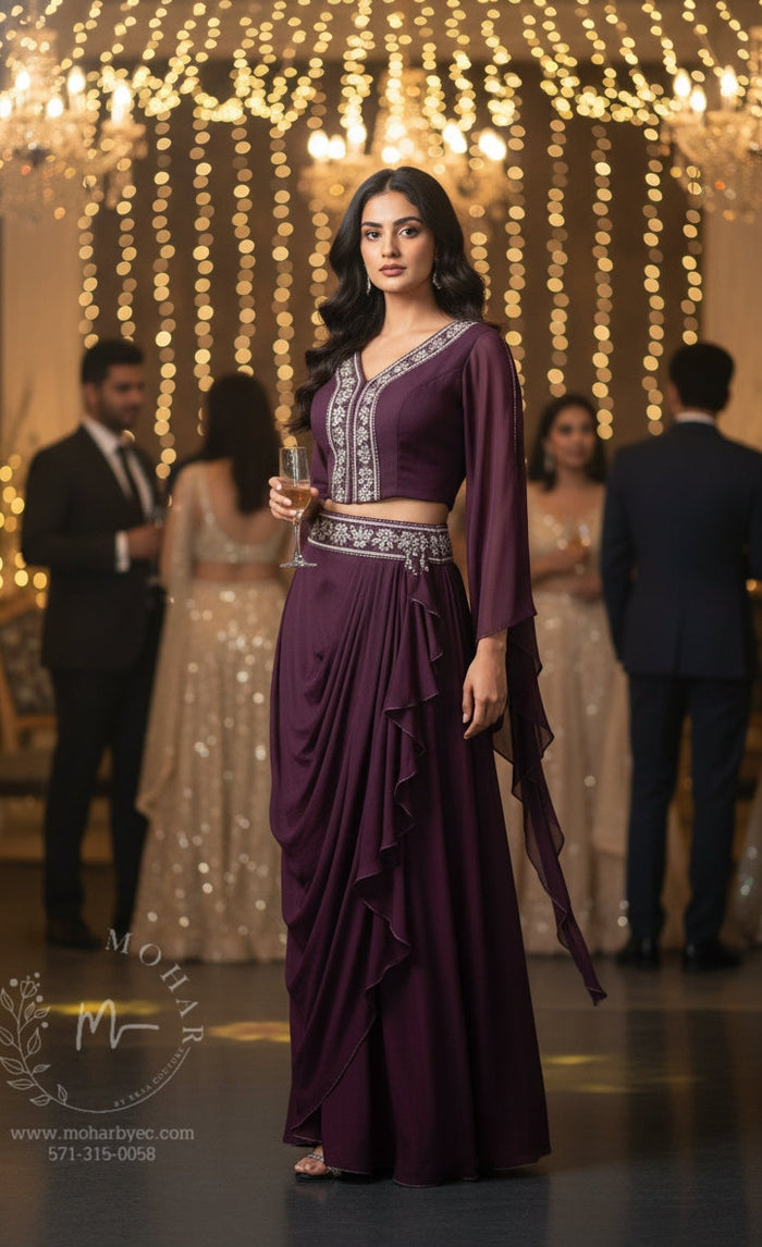 Deep Plum Embellished Indo-Western Crop Top & Draped Skirt Set