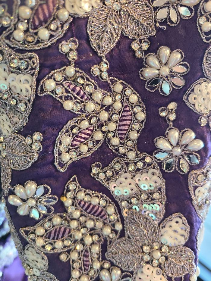 Deep Purple Embroidered Satin Pre-Stitched Saree