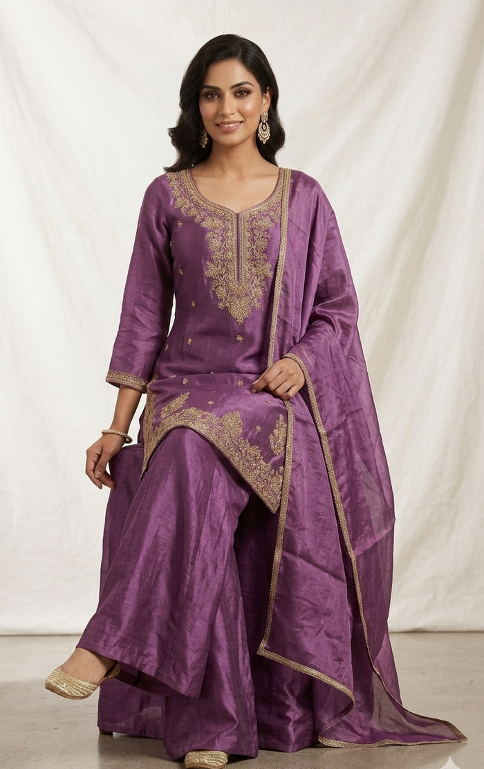 Deep Purple Zari Embroidered Palazzo Suit Set