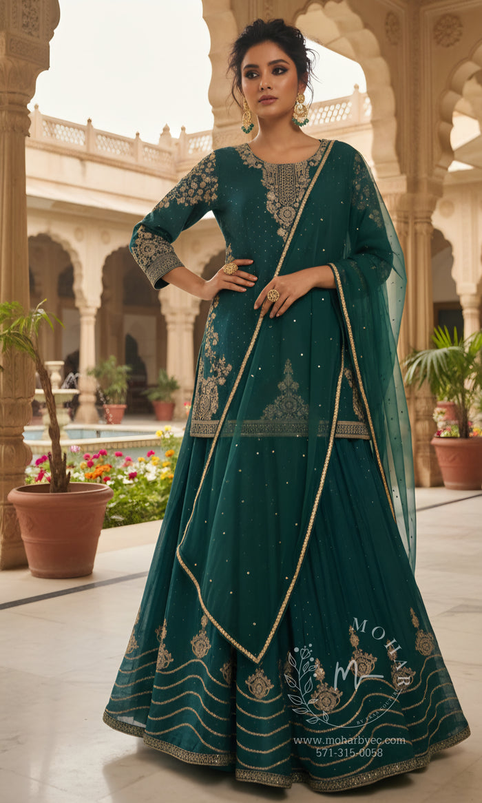 Deep Teal Green Gold Embroidered Sharara Set with Dupatta