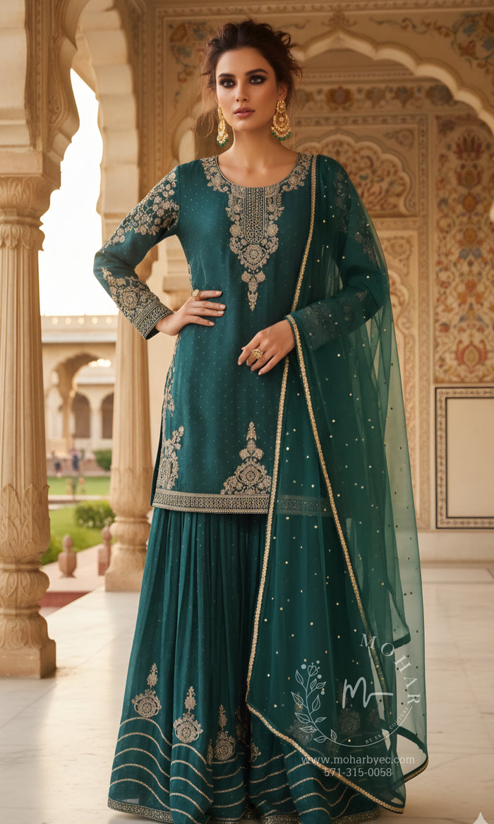 Deep Teal Green Gold Embroidered Sharara Set with Dupatta