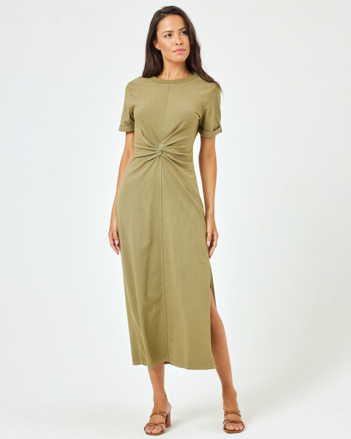 LSPACE Drew dress in olive branch, front view on model.