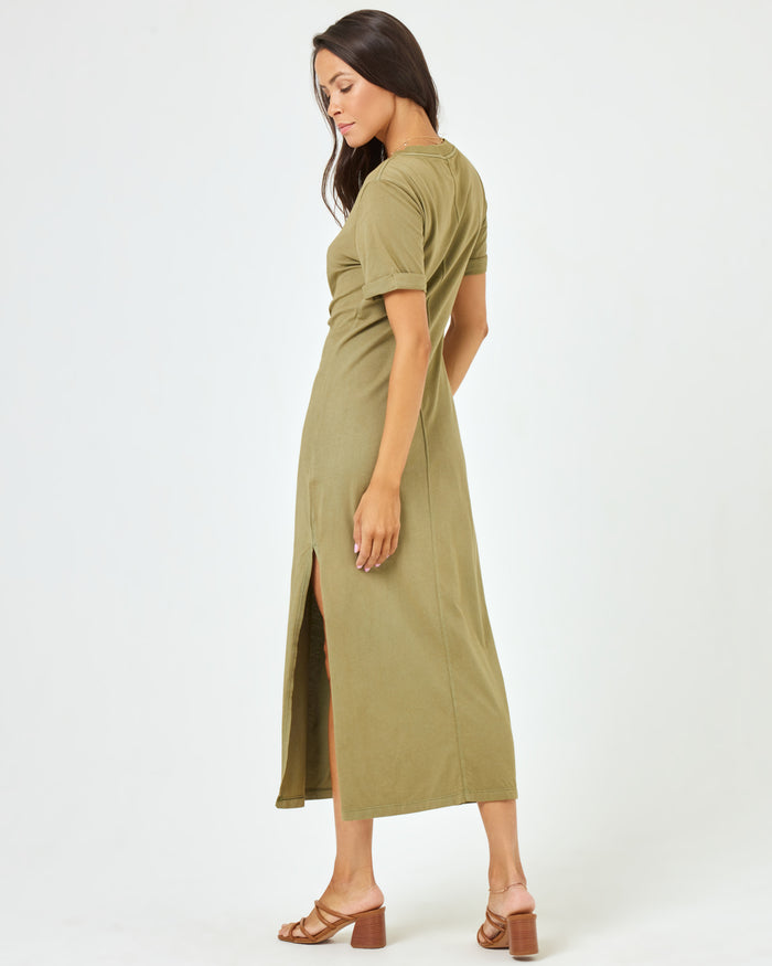 LSPACE Drew dress in olive branch, back view on model.