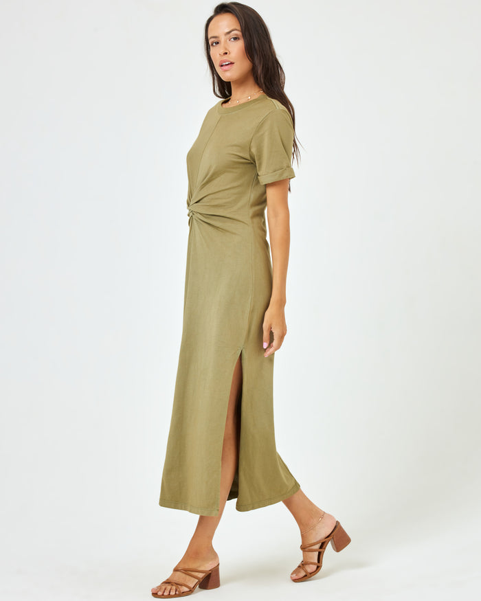 LSPACE Drew dress in olive branch, side view on model.