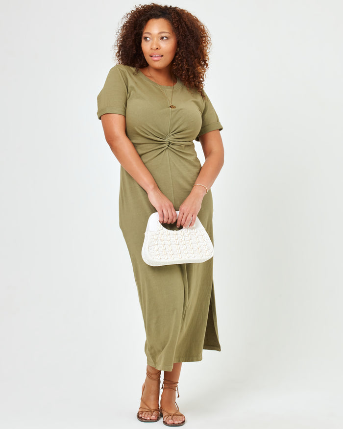 LSPACE Drew dress in olive branch, front view on model.