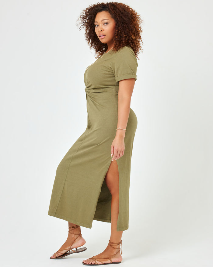LSPACE Drew dress in olive branch, side view on model.
