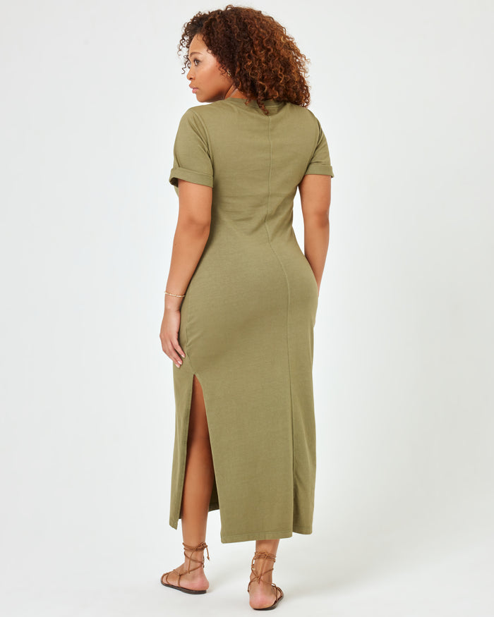LSPACE Drew dress in olive branch, back view on model.