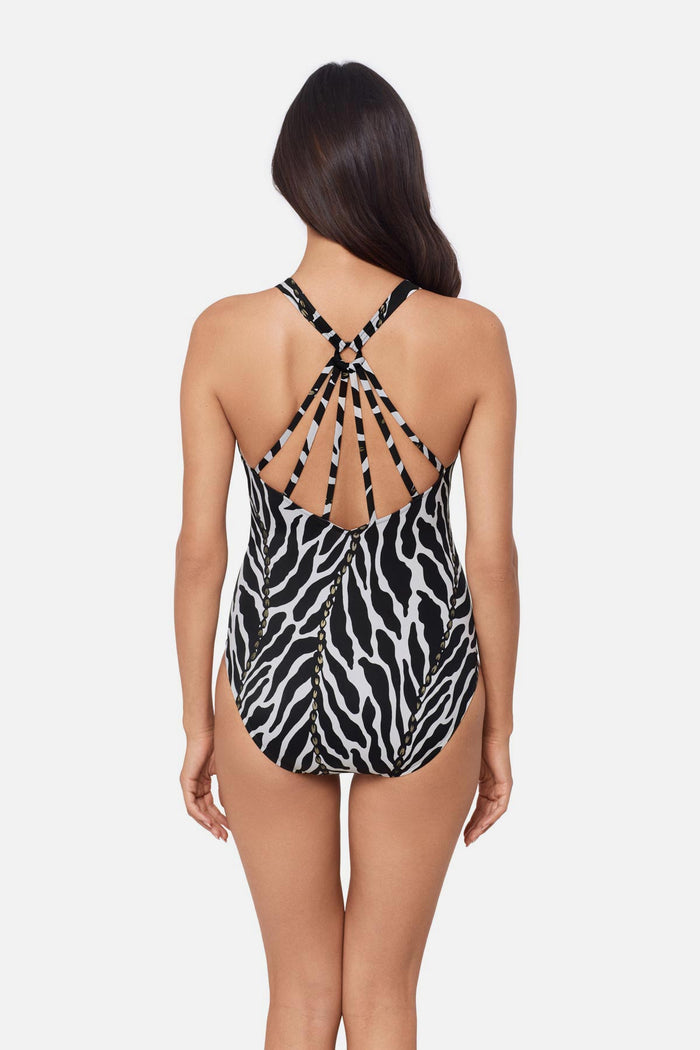 back view of Drew One Piece in Sand Tracks