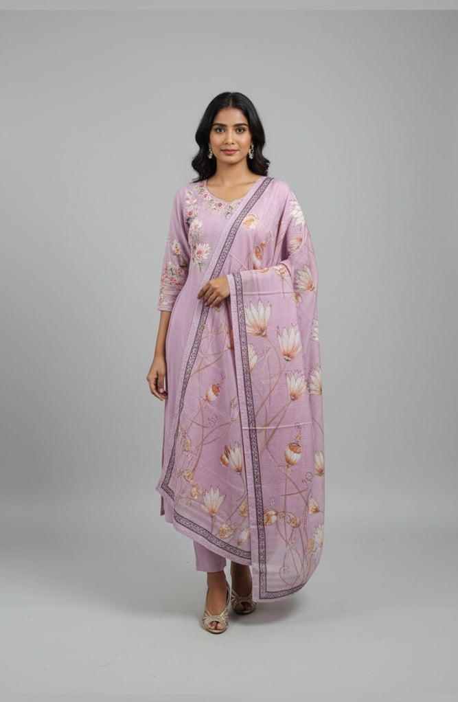 Dusty Pink Floral Embroidered Kurta Set with Dupatta