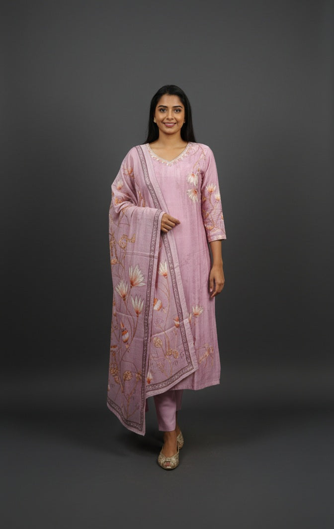 Dusty Pink Floral Embroidered Kurta Set with Dupatta
