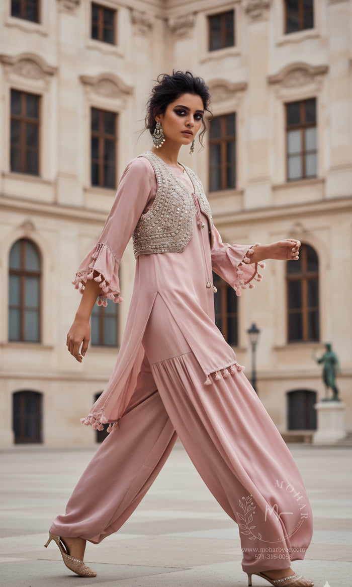 Dusty Pink Palazzo Set with Embellished Jacket
