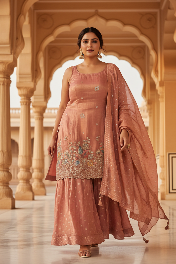 Walking Pose – Dusty Rose Sharara Set