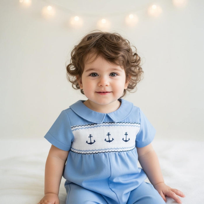 Easter Blue Smock Cotton Romper, Peter Pan Collar Short Sleeves Overalls, Sailor Print Playsuit