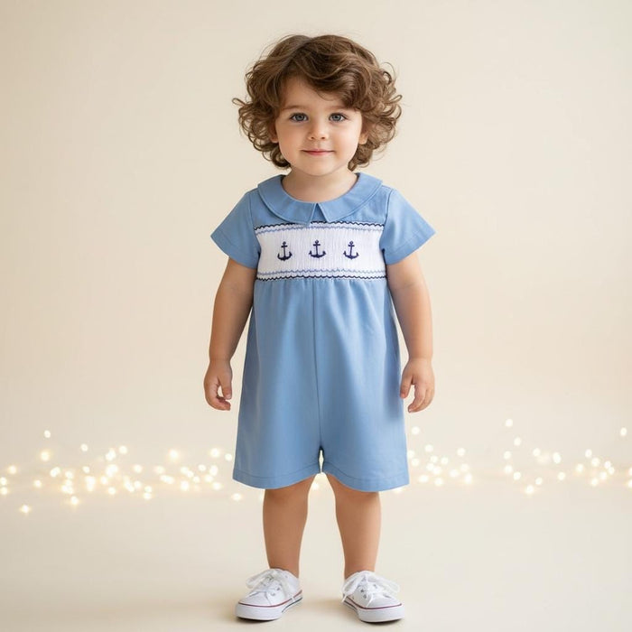 Easter Blue Smock Cotton Romper, Peter Pan Collar Short Sleeves Overalls, Sailor Print Playsuit