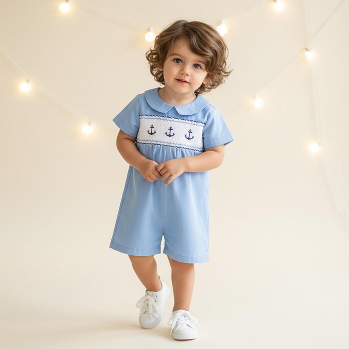 Easter Blue Smock Cotton Romper, Peter Pan Collar Short Sleeves Overalls, Sailor Print Playsuit