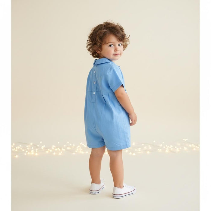Easter Blue Smock Cotton Romper, Peter Pan Collar Short Sleeves Overalls, Sailor Print Playsuit