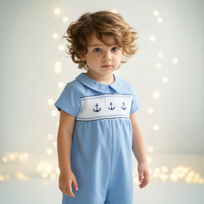 Easter Blue Smock Cotton Romper, Peter Pan Collar Short Sleeves Overalls, Sailor Print Playsuit