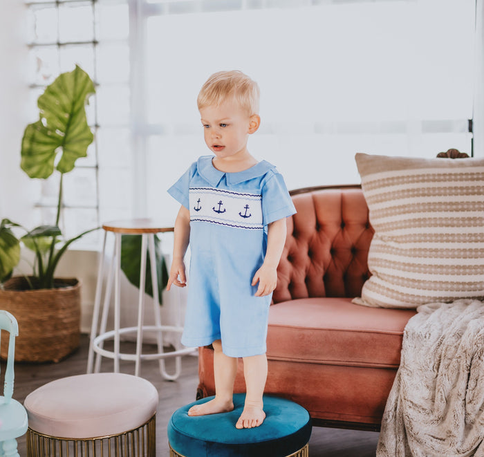 Easter Blue Smock Cotton Romper, Peter Pan Collar Short Sleeves Overalls, Sailor Print Playsuit