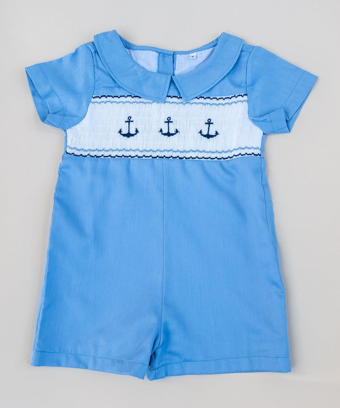Easter Blue Smock Cotton Romper, Peter Pan Collar Short Sleeves Overalls, Sailor Print Playsuit