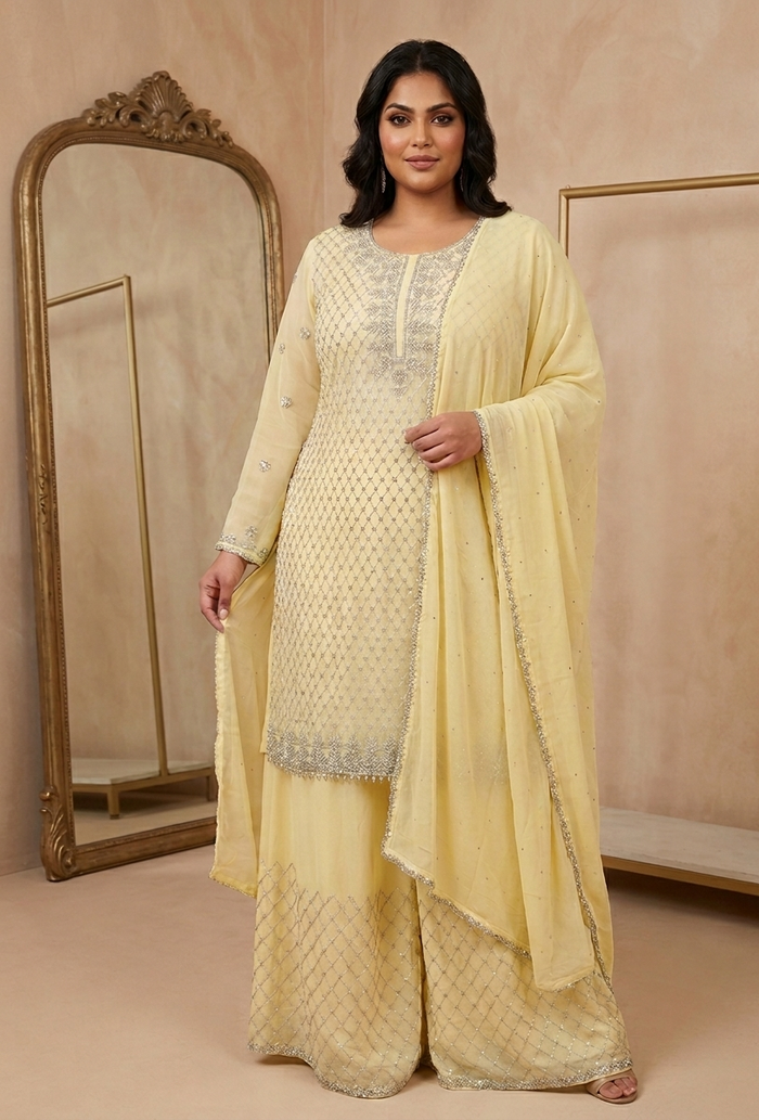 Elegant Pale Yellow Embroidered Sharara Suit Set