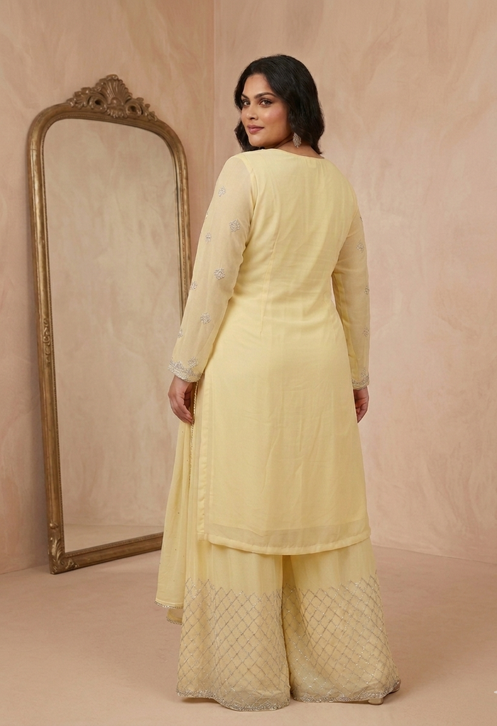 Elegant Pale Yellow Embroidered Sharara Suit Set