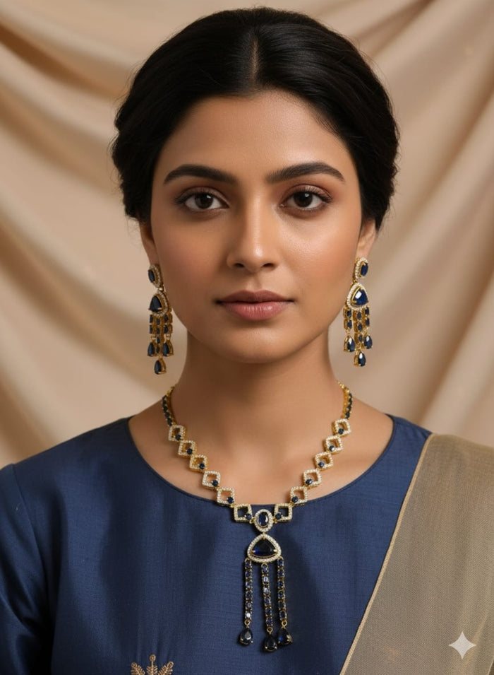 MOHAR elegant royal blue American Diamond party wear necklace set