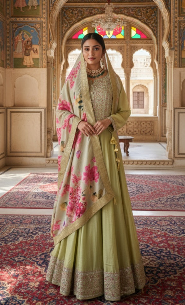 Elegant Sage Green Floral Embroidered Anarkali Set