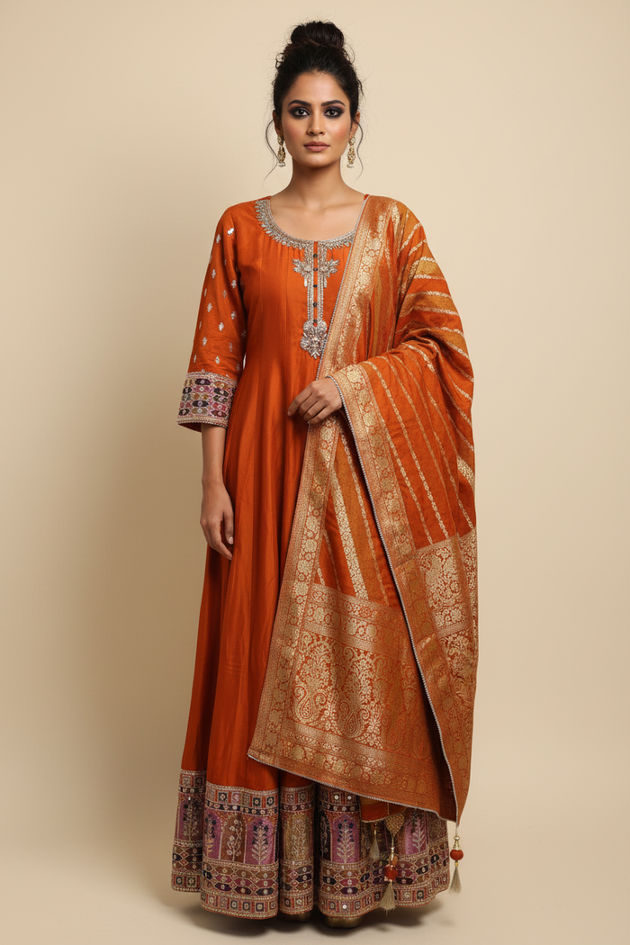 Front pose – Orange anarkali set with gold dupatta