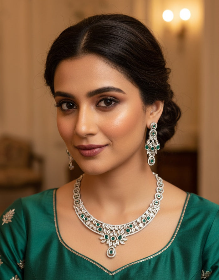 MOHAR Kundan-style choker set in emerald-tone stones with silver-finish base