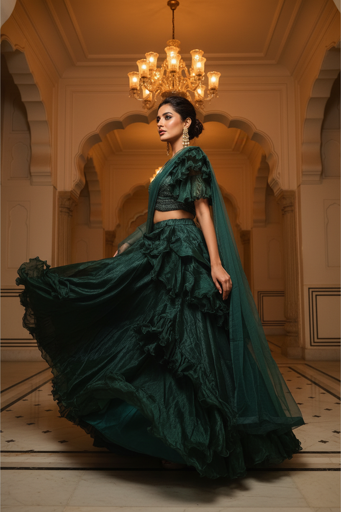 Emerald Ruffle Organza Lehenga Set