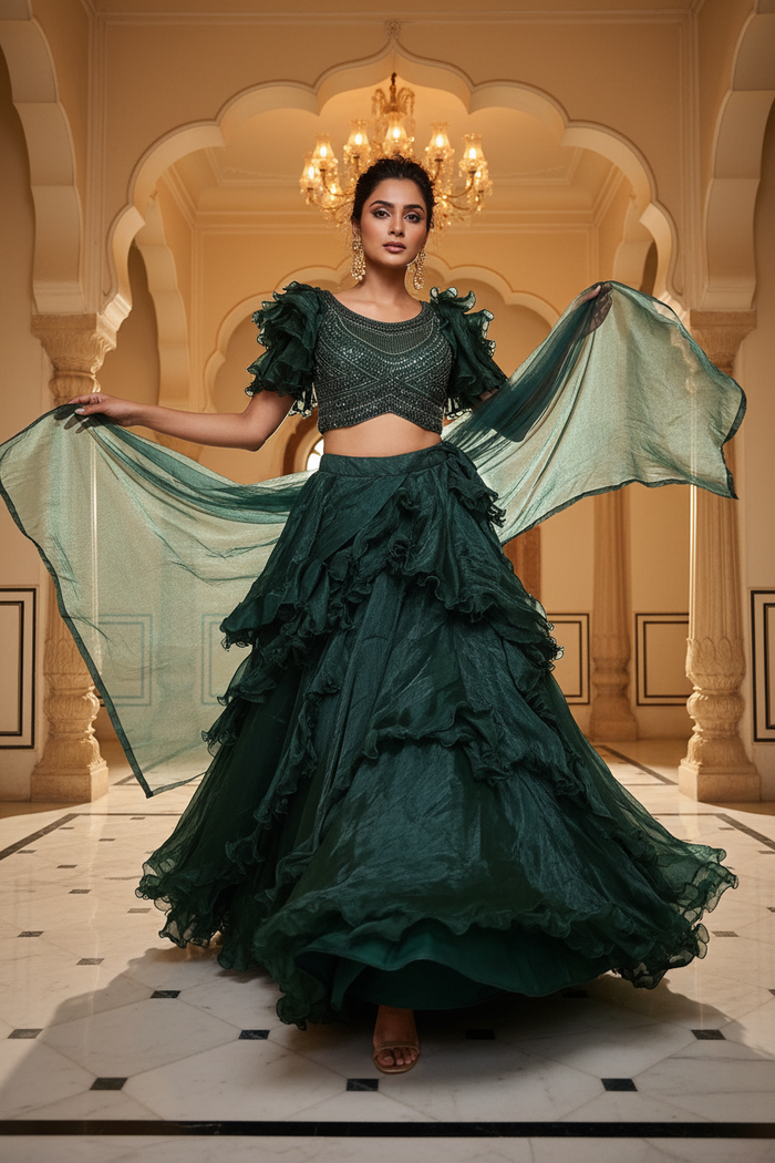 Emerald Ruffle Organza Lehenga Set