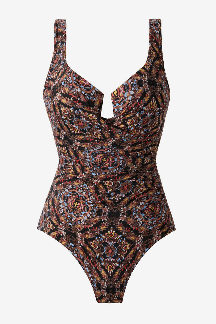 Multicolor abstract one-piece swimsuit with a sweetheart neckline