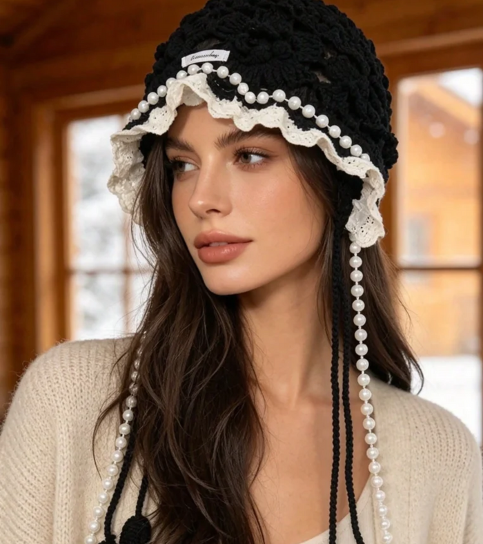 Black crochet head bonnet with pearl chain tassels and ruffled lace trim
