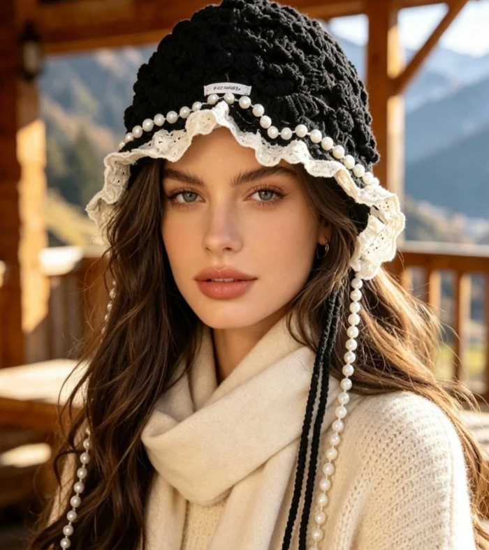 Black crochet bonnet with white lace trim and long pearl tassel strands