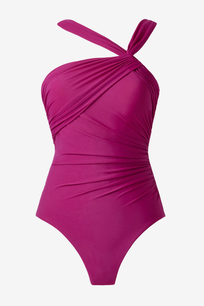 Magenta one-piece swimsuit with an asymmetrical neckline