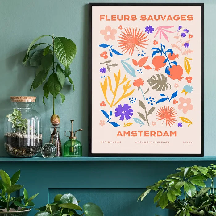 Fleurs Sauvages Amsterdam Flower Print, floral art print black framed on a living room shelf